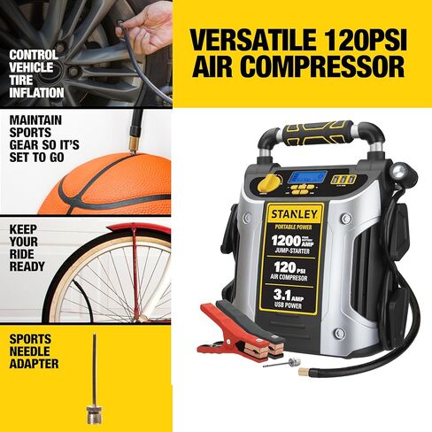 Stanlety J5C09D 1200 Peak Amp Automotive Jump Starter ، Portable Power - 2.1a/10W USB Port ، 120 PSI Air Compressor in Kuwait