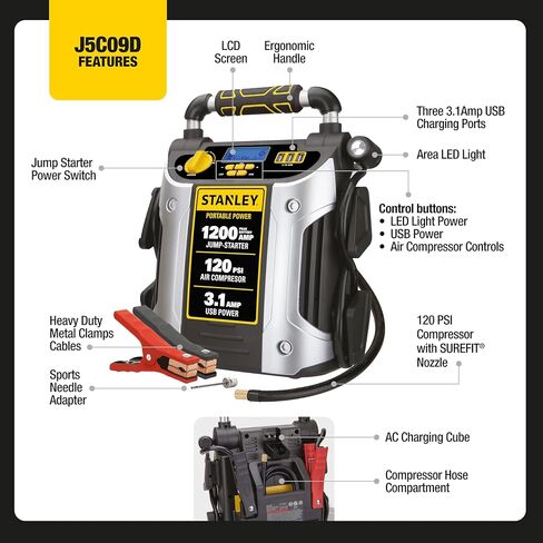 Stanlety J5C09D 1200 Peak Amp Automotive Jump Starter ، Portable Power - 2.1a/10W USB Port ، 120 PSI Air Compressor in Kuwait