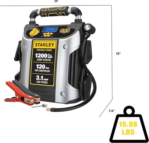 Stanlety J5C09D 1200 Peak Amp Automotive Jump Starter ، Portable Power - 2.1a/10W USB Port ، 120 PSI Air Compressor in Kuwait