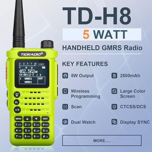 (الجيل الثاني) TIDRADIO TD-H8 GMRS راديو ثنائي الاتجاه طويل المدى مع بطارية USB-C 2500 مللي أمبير في الساعة، قابلة للبرمجة عبر التطبيق، 155 رمز خصوصية، جهاز استقبال ومسح ثنائي النطاق، SOS، DTMF، وتنبيهات الطقس NOAA (حزمة واحدة) in Kuwait