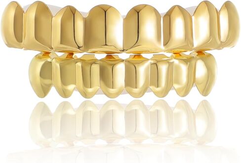 Grilz Gold Grills for Your Teeth Fake Teeth Gothic Vampire Denture Grills Set 18K Gold Plated 8 Top Teeth 8 Bottom Tooth Grills Smooth Hip Hop Rapper Grills Teeth Vampire Fangs Halloween Cosplay Party Costumes Jewelry for Men and Women in Saudi Arabia