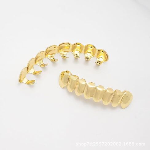 Grilz Gold Grills for Your Teeth Fake Teeth Gothic Vampire Denture Grills Set 18K Gold Plated 8 Top Teeth 8 Bottom Tooth Grills Smooth Hip Hop Rapper Grills Teeth Vampire Fangs Halloween Cosplay Party Costumes Jewelry for Men and Women in Saudi Arabia