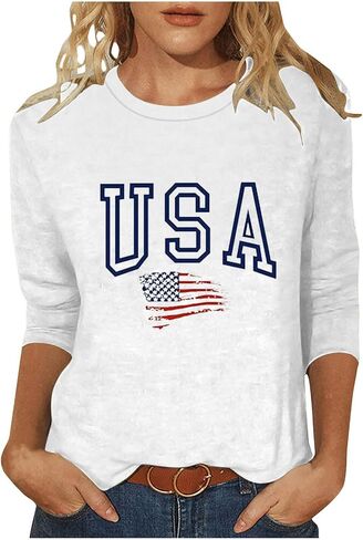 4th of July Shirts Women American Flag 3/4 Sleeve Shirt Independence Day Tops Casual Summer T Shirt Patriotic Tees in Saudi Arabia
