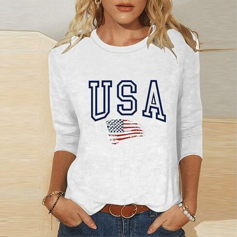 4th of July Shirts Women American Flag 3/4 Sleeve Shirt Independence Day Tops Casual Summer T Shirt Patriotic Tees in Saudi Arabia