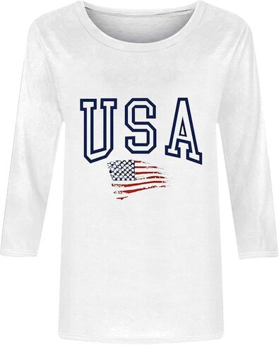 4th of July Shirts Women American Flag 3/4 Sleeve Shirt Independence Day Tops Casual Summer T Shirt Patriotic Tees in Saudi Arabia
