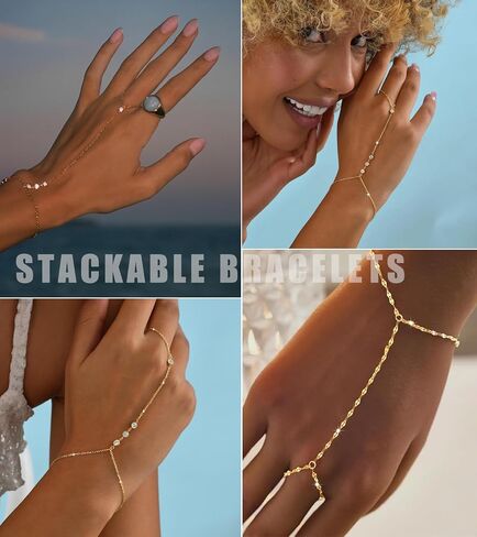 Yeezii Gold Hand Chain Bracelets for Women ، 2 PCS 14K Gold Plated Zirconia Zirconia chain serelect ، strendy Ring Bracelet Chain Jewelry for Her in Kuwait