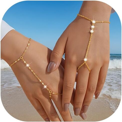 Yeezii Gold Hand Chain Bracelets for Women ، 2 PCS 14K Gold Plated Zirconia Zirconia chain serelect ، strendy Ring Bracelet Chain Jewelry for Her in Kuwait