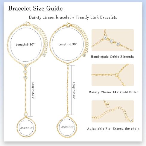 Yeezii Gold Hand Chain Bracelets for Women ، 2 PCS 14K Gold Plated Zirconia Zirconia chain serelect ، strendy Ring Bracelet Chain Jewelry for Her in Kuwait