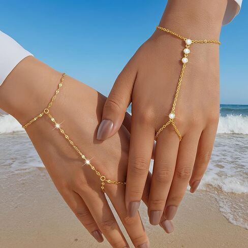 Yeezii Gold Hand Chain Bracelets for Women ، 2 PCS 14K Gold Plated Zirconia Zirconia chain serelect ، strendy Ring Bracelet Chain Jewelry for Her in Kuwait