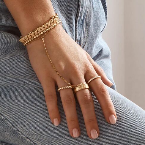 Yeezii Gold Hand Chain Bracelets for Women ، 2 PCS 14K Gold Plated Zirconia Zirconia chain serelect ، strendy Ring Bracelet Chain Jewelry for Her in Kuwait