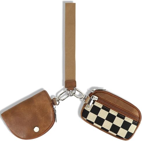 Mini Zip Around Keychain Wallet Chekered Dual Pouch Wristlet for Women Portable Detachable Coin Purse Mini Card Pocket (A-Brown) in Kuwait