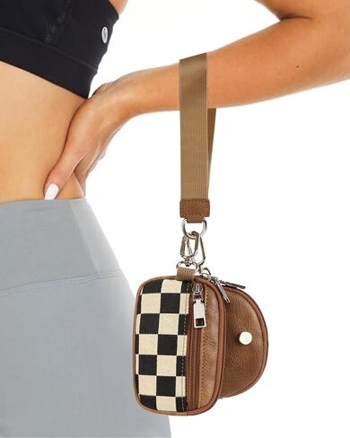 Mini Zip Around Keychain Wallet Chekered Dual Pouch Wristlet for Women Portable Detachable Coin Purse Mini Card Pocket (A-Brown) in Kuwait