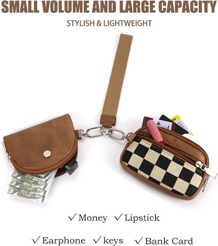 Mini Zip Around Keychain Wallet Chekered Dual Pouch Wristlet for Women Portable Detachable Coin Purse Mini Card Pocket (A-Brown) in Kuwait
