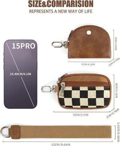 Mini Zip Around Keychain Wallet Chekered Dual Pouch Wristlet for Women Portable Detachable Coin Purse Mini Card Pocket (A-Brown) in Kuwait
