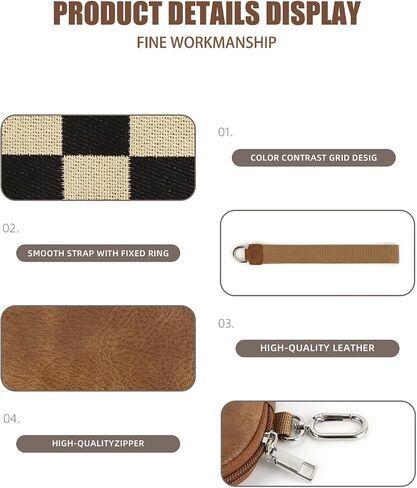Mini Zip Around Keychain Wallet Chekered Dual Pouch Wristlet for Women Portable Detachable Coin Purse Mini Card Pocket (A-Brown) in Kuwait