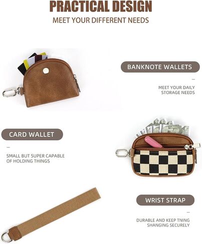 Mini Zip Around Keychain Wallet Chekered Dual Pouch Wristlet for Women Portable Detachable Coin Purse Mini Card Pocket (A-Brown) in Kuwait