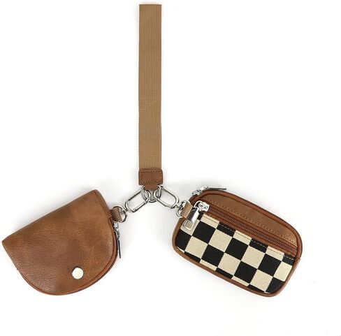 Checkered Wristlet Wallets for Women Checkerboard Dual Pouch Keychain Wristlet Coin Purse with Card Holder (Brown) in Saudi Arabia