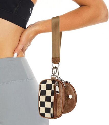 Checkered Wristlet Wallets for Women Checkerboard Dual Pouch Keychain Wristlet Coin Purse with Card Holder (Brown) in Saudi Arabia