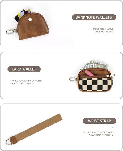 Checkered Wristlet Wallets for Women Checkerboard Dual Pouch Keychain Wristlet Coin Purse with Card Holder (Brown) in Saudi Arabia