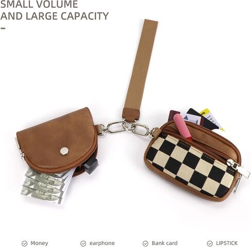 Checkered Wristlet Wallets for Women Checkerboard Dual Pouch Keychain Wristlet Coin Purse with Card Holder (Brown) in Saudi Arabia