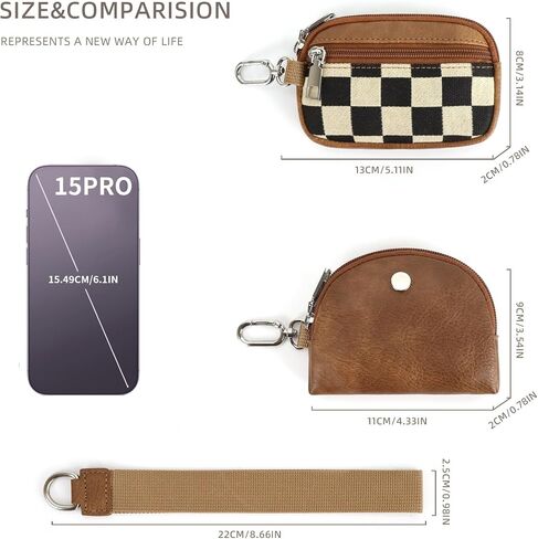 Checkered Wristlet Wallets for Women Checkerboard Dual Pouch Keychain Wristlet Coin Purse with Card Holder (Brown) in Saudi Arabia