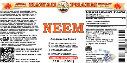 Neem (Azadirachta Indica) Liquid Extract, Tincture, Herbal Supplement, Hawaii Pharm, Made in USA, 4 fl.oz in Saudi Arabia