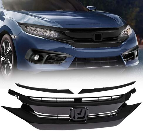 PIT66 Front Bumper Hood Grille Guards + 2Pcs Eye Lid, Compatible with 2016-2018 Honda Civic 10th GEN OE Factory Style ABS Plastic Grill 68431JA00A in Kuwait
