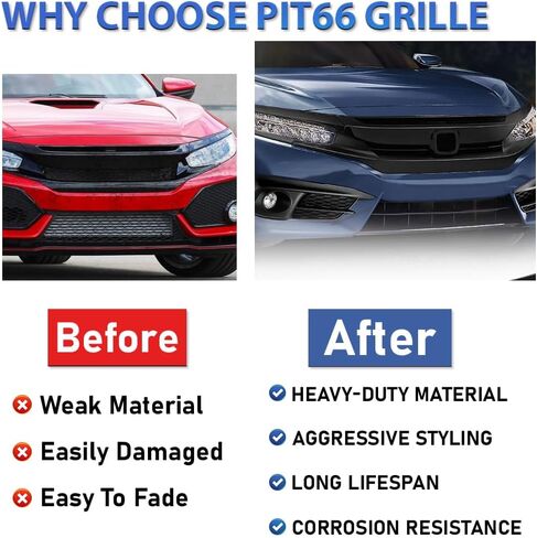 PIT66 Front Bumper Hood Grille Guards + 2Pcs Eye Lid, Compatible with 2016-2018 Honda Civic 10th GEN OE Factory Style ABS Plastic Grill 68431JA00A in Kuwait