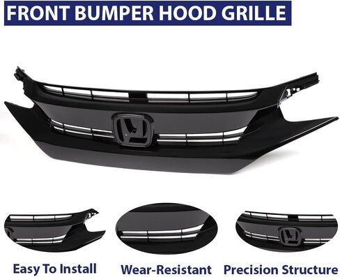 PIT66 Front Bumper Hood Grille Guards + 2Pcs Eye Lid, Compatible with 2016-2018 Honda Civic 10th GEN OE Factory Style ABS Plastic Grill 68431JA00A in Kuwait