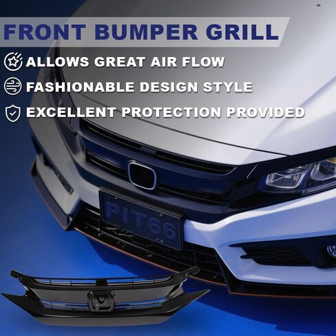 PIT66 Front Bumper Hood Grille Guards + 2Pcs Eye Lid, Compatible with 2016-2018 Honda Civic 10th GEN OE Factory Style ABS Plastic Grill 68431JA00A in Kuwait