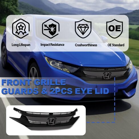 PIT66 Front Bumper Hood Grille Guards + 2Pcs Eye Lid, Compatible with 2016-2018 Honda Civic 10th GEN OE Factory Style ABS Plastic Grill 68431JA00A in Kuwait