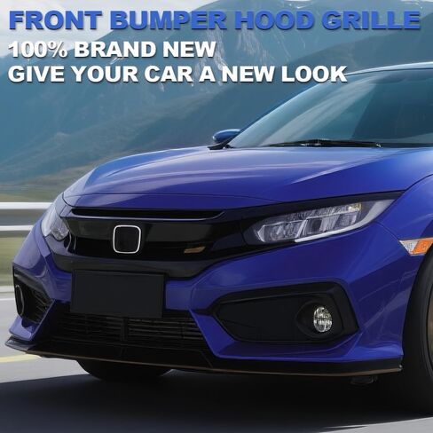 PIT66 Front Bumper Hood Grille Guards + 2Pcs Eye Lid, Compatible with 2016-2018 Honda Civic 10th GEN OE Factory Style ABS Plastic Grill 68431JA00A in Kuwait