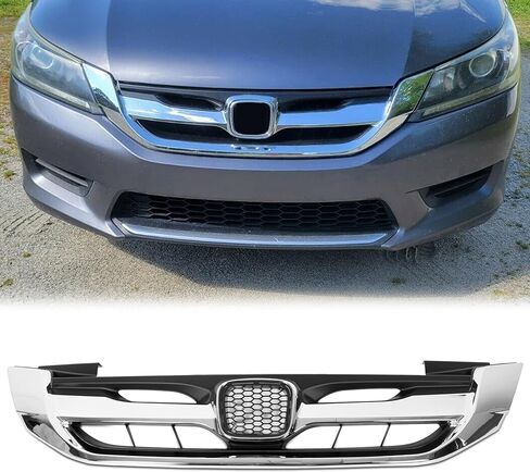 ECOTRIC Front Bumper Hood Grille Grill Compatible with 2013-2015 Honda Accord 4D Replacement for 71121T2FA01 HO1200214 Black & Chrome (4 Door Sedans ONLY) in Saudi Arabia