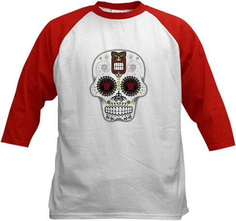 CafePress Candy Skull Hawiian Shirt Ghost Outline Baseball J Kids Cotton Baseball Jersey, 3/4 Raglan Sleeve Shirt in Saudi Arabia
