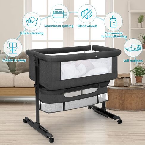YADAQE Baby Bassinet, Baby Basinet Bedside Sleeper, Easy to Fold Portable Crib Side Bassinet 2023new Style Girl/boy bassinets(Light Grey) in Saudi Arabia