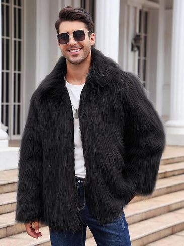 Gihuo Men's Faux Fur Coat Plush Warm Winter Furry Jacket, Fashionable Fake Fur Jacket for Men in Saudi Arabia