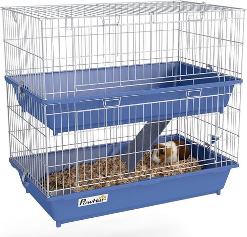 PawHut 2-Tier Guinea Pig Cage, Ferret Cage, Chinchilla Cage, Small Animal Cage Indoor with Dish and Bottle, 2 Doors, Deep Bottoms, Ramp, 28", Blue in Kuwait