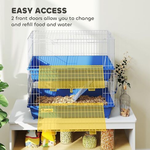 PawHut 2-Tier Guinea Pig Cage, Ferret Cage, Chinchilla Cage, Small Animal Cage Indoor with Dish and Bottle, 2 Doors, Deep Bottoms, Ramp, 28", Blue in Kuwait