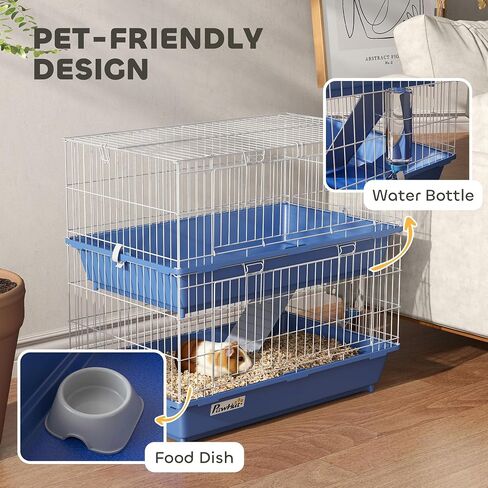 PawHut 2-Tier Guinea Pig Cage, Ferret Cage, Chinchilla Cage, Small Animal Cage Indoor with Dish and Bottle, 2 Doors, Deep Bottoms, Ramp, 28", Blue in Kuwait
