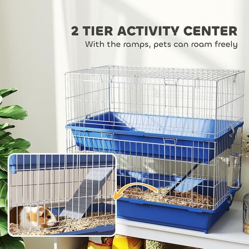 PawHut 2-Tier Guinea Pig Cage, Ferret Cage, Chinchilla Cage, Small Animal Cage Indoor with Dish and Bottle, 2 Doors, Deep Bottoms, Ramp, 28", Blue in Kuwait