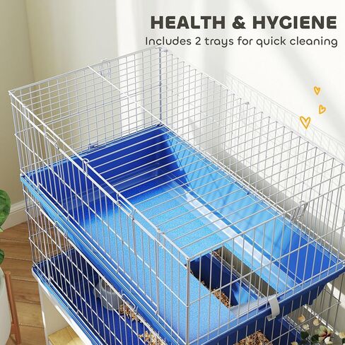 PawHut 2-Tier Guinea Pig Cage, Ferret Cage, Chinchilla Cage, Small Animal Cage Indoor with Dish and Bottle, 2 Doors, Deep Bottoms, Ramp, 28", Blue in Kuwait