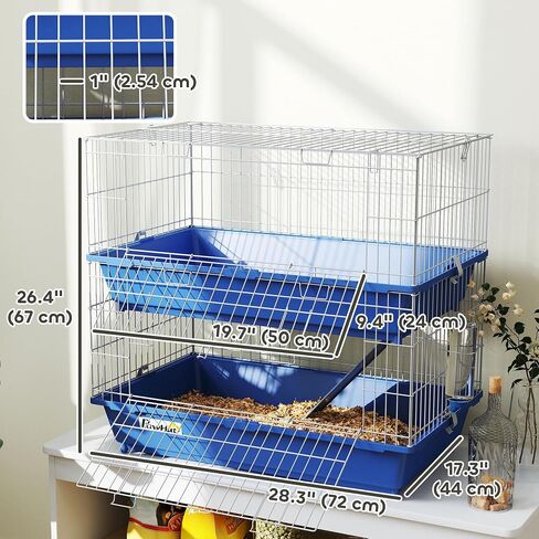 PawHut 2-Tier Guinea Pig Cage, Ferret Cage, Chinchilla Cage, Small Animal Cage Indoor with Dish and Bottle, 2 Doors, Deep Bottoms, Ramp, 28", Blue in Kuwait