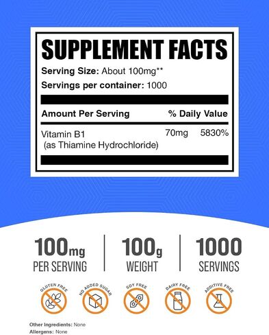BulkSupplements Thiamine HCl Powder - Thiamine Hydrochloride, B1 Vitamins, Thiamine B1 Supplement, Thiamine 100mg - Gluten Free, 100mg per Serving, 100g (3.5 oz) (Pack of 1) in Saudi Arabia