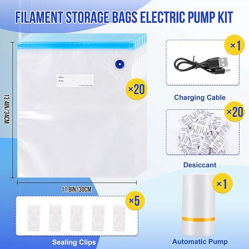 30 PCS Filament Storage Bags with Electric Auto Pump Kit-Includes 30 Filament Vacuum Storage Bags,30 Desiccants，5 Sealed Clips,for 3D Printer Filament Storage and Keep Filament Dry (13.4x11.8 inch) in Saudi Arabia