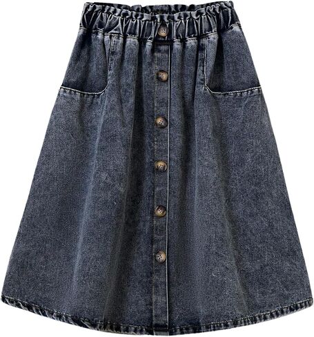 Gorglitter Girl's Midi Denim Skirt Button Front Jean Jean Summer Beach Slant Pocket Flowy Virts 2025 in Kuwait