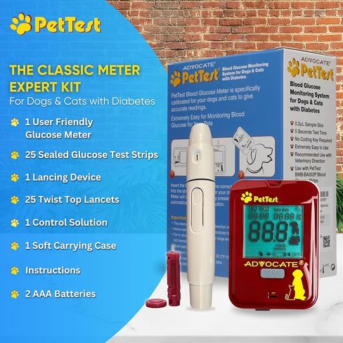 مجموعة أدوات مراقبة الجلوكوز للكلاب والقطط من بيت تيست - مجموعة فحص السكر في الدم للحيوانات الأليفة المصابة بداء السكري للمبتدئين - تتضمن جهاز قياس الجلوكوز الكلاسيكي، و25 شريط اختبار، و25 مشرط أمان، وحقيبة حمل ناعمة in Kuwait