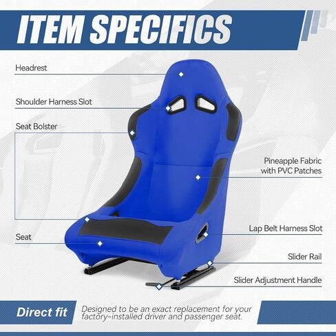 Auto Dynasty Pair of Racing Seat Universal Woven Fabric Vinyl Reclinable Bucket Seats with Bottom Mount Sliders For 4 Point Harness, 36" H x 21.5" W x 22" D, Driver & Passenger Side, Black/Red in Kuwait