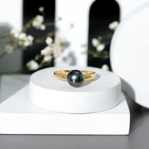 Real Black Pearl 8mm Round Engagement Ring, AAA Quality, Certified Tahitian Black Pearl Solitaire Ring - Ready To Gift in Saudi Arabia