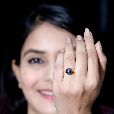 Real Black Pearl 8mm Round Engagement Ring, AAA Quality, Certified Tahitian Black Pearl Solitaire Ring - Ready To Gift in Saudi Arabia