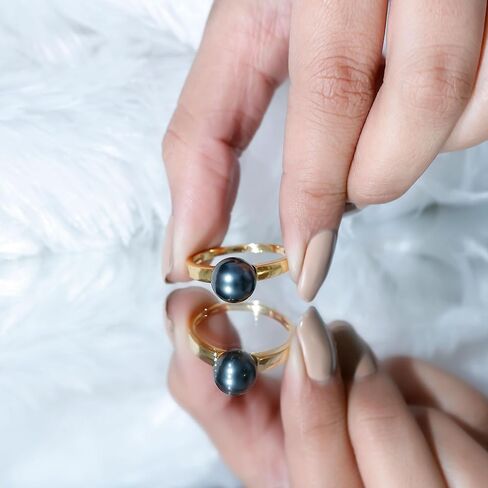 Real Black Pearl 8mm Round Engagement Ring, AAA Quality, Certified Tahitian Black Pearl Solitaire Ring - Ready To Gift in Saudi Arabia